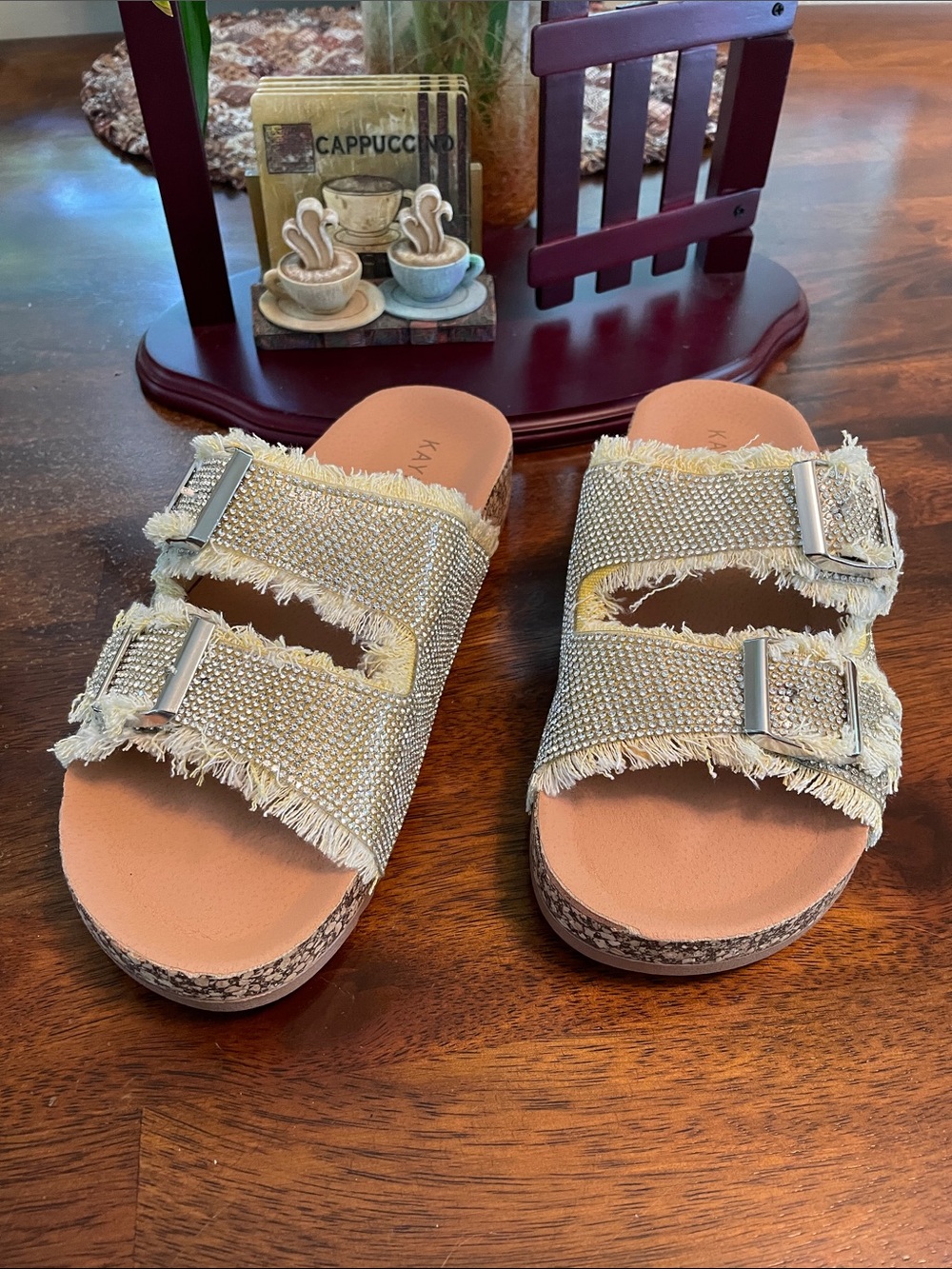 KAYLEEN by Los Angeles Stevie Rhinestone Denim Slides Women’s 6.5 Silver Yellow